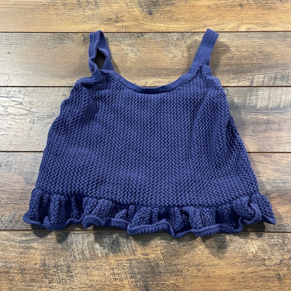 Old Navy Blue Knit Ruffle Hem Tank Top Textured Cotton Sleeveless Crop L Boho